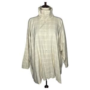 Eskandar Button Down Shirt 2 L/XL Beige Plaid Oversized Funnel Neck Lagenlook